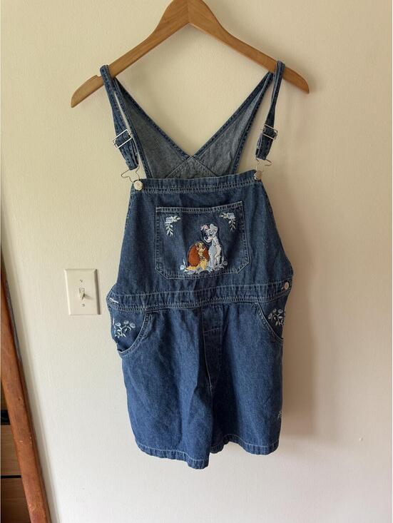Disney Denim - Vintage 90s Disney Lady and the Tramp Embroidered Denim Overalls Shorts Womens